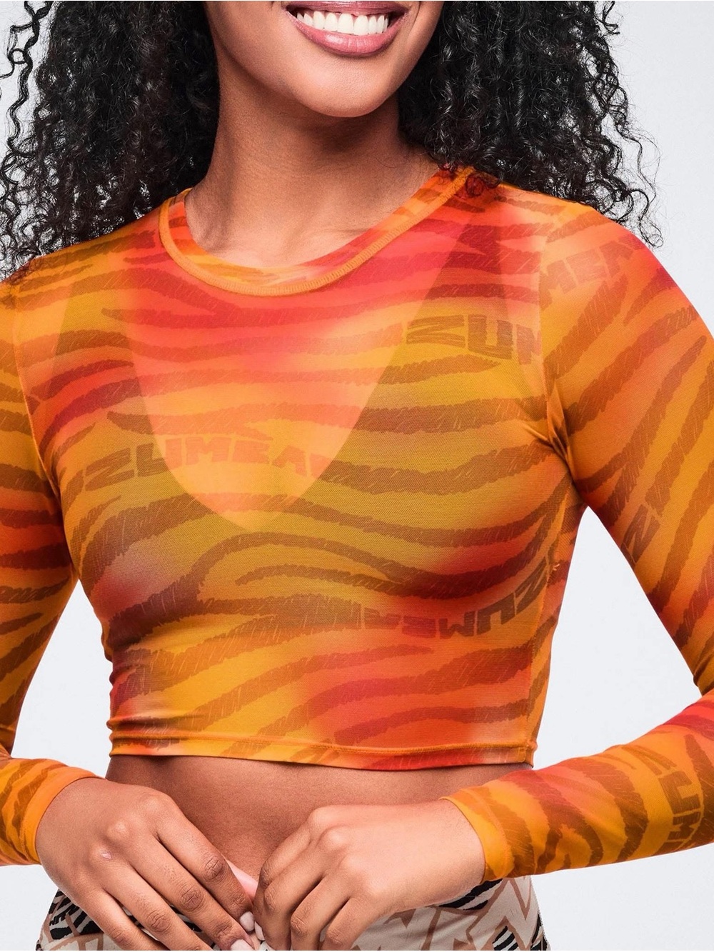 Zumba Fitness Orange and Red  Mesh Zebra-Print Long Sleeve Crop Top